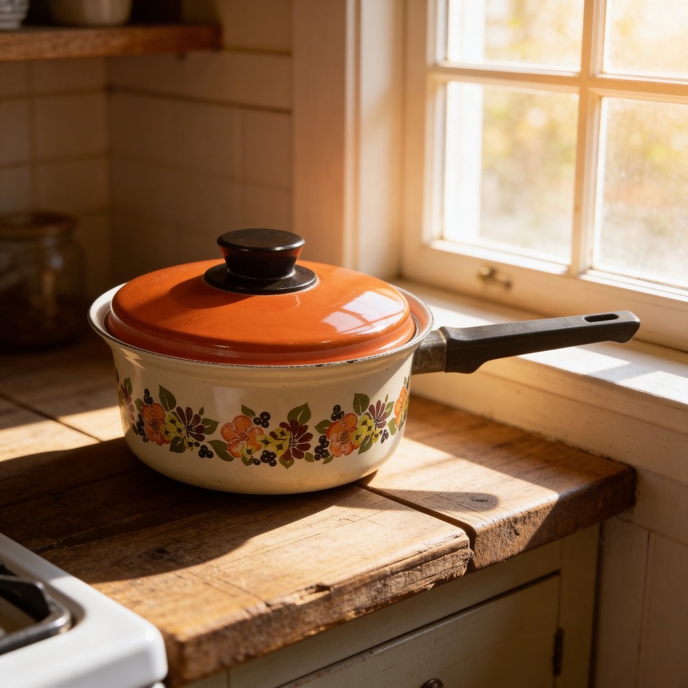 Vintage Austria Email Enamel Saucepan Orange Floral Retro Pot with‎ Lid 70's